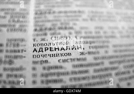 Adrenaline Definition Word Text in Dictionary Page. Russian language Stock Photo