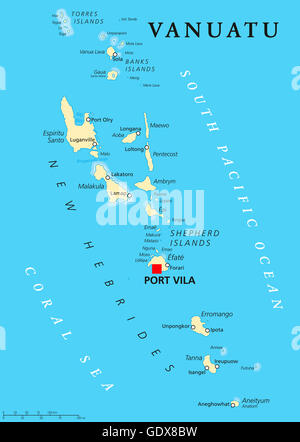 Vanuatu political map with capital Port Vila. Republic and island nation in South Pacific Ocean. New Hebrides. Stock Photo