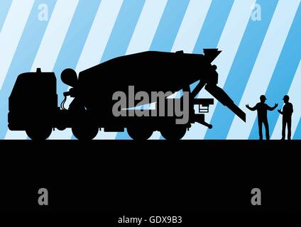 Heavy duty concrete making trucks and tractors in highway roadway construction site landscape illustration background vector Stock Vector