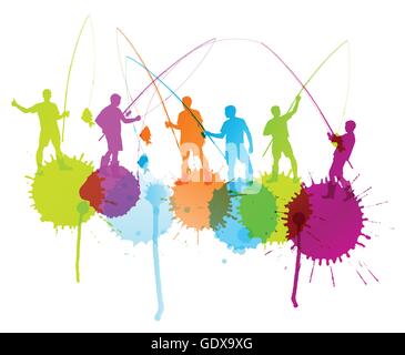 Fisherman, angler silhouette vector abstract background concept with ink splashes Stock Vector