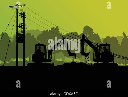 Electricity high power voltage line with construction engineers and excavator loaders and tractors in countryside forest field c Stock Vector