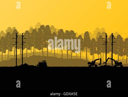 Electricity high power voltage line with construction engineers and excavator loaders and tractors in countryside forest field c Stock Vector