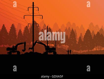 Electricity high power voltage line with construction engineers and excavator loaders and tractors in countryside forest field c Stock Vector