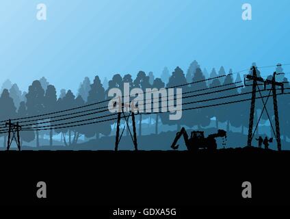 Electricity high power voltage line with construction engineers and excavator loaders and tractors in countryside forest field c Stock Vector