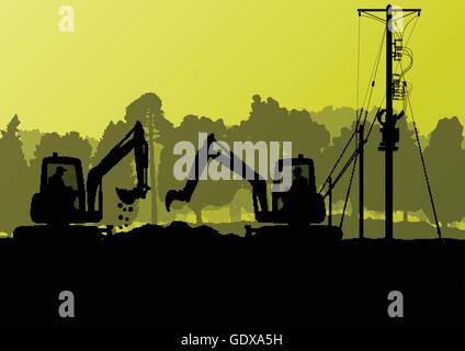 Electricity high power voltage line with construction engineers and excavator loaders and tractors in countryside forest field c Stock Vector