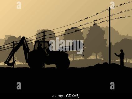Electricity high power voltage line with construction engineers and excavator loaders and tractors in countryside forest field c Stock Vector