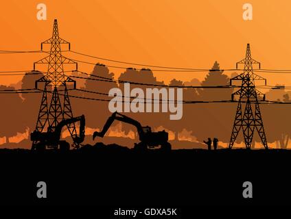 Electricity high power voltage line with construction engineers and excavator loaders and tractors in countryside forest field c Stock Vector