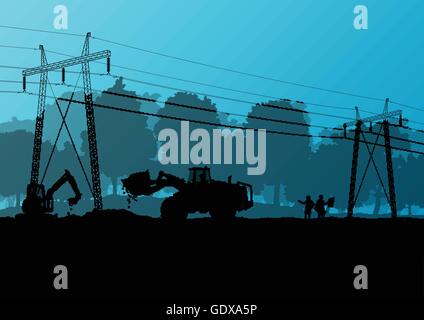 Electricity high power voltage line with construction engineers and excavator loaders and tractors in countryside forest field c Stock Vector