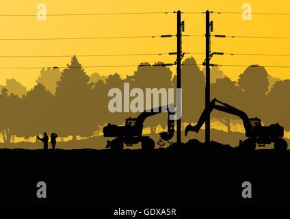 Electricity high power voltage line with construction engineers and excavator loaders and tractors in countryside forest field c Stock Vector