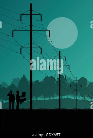 Electricity high power voltage line with construction engineers and excavator loaders and tractors in countryside forest field c Stock Vector