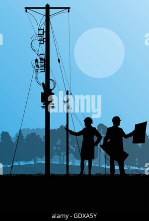 Electricity high power voltage line with construction engineers and excavator loaders and tractors in countryside forest field c Stock Vector