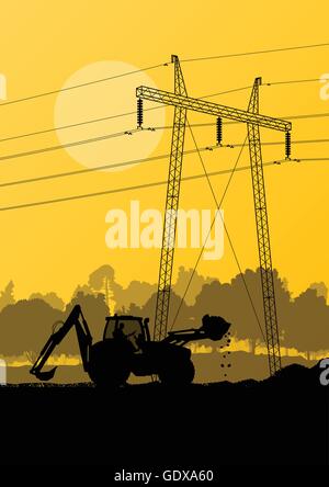 Electricity high power voltage line with construction engineers and excavator loaders and tractors in countryside forest field c Stock Vector