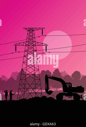 Electricity high power voltage line with construction engineers and excavator loaders and tractors in countryside forest field c Stock Vector