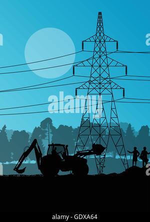 Electricity high power voltage line with construction engineers and excavator loaders and tractors in countryside forest field c Stock Vector