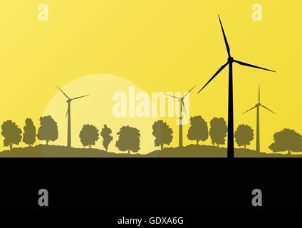 Wind electricity generators and windmills in countryside forest nature landscape ecology illustration background vector Stock Vector