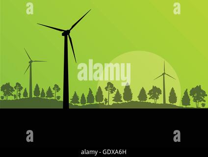 Wind electricity generators and windmills in countryside forest nature landscape ecology illustration background vector Stock Vector