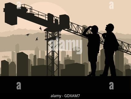 Engineer and construction site manager watching skyscraper building process in industrial crane illustration background vector Stock Vector