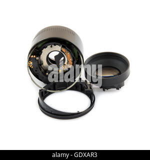 part of camera lens on white background, crash, cracked Stock Photo