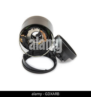 part of camera lens on white background, crash, cracked Stock Photo