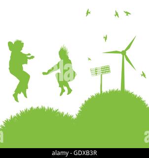 Ecology city and elements background vector concept- wind alternative energy and girls playing in grass Stock Vector