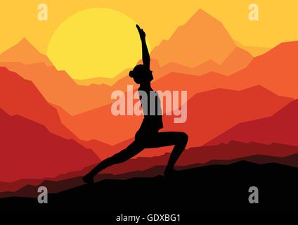 Yoga woman sunrise vector background for poster Stock Vector