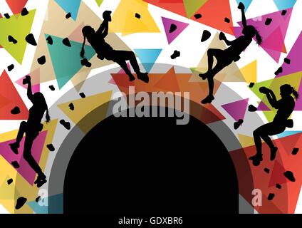Children girl silhouettes on climbing wall in active and healthy sport background illustration vector Stock Vector