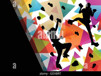 Children girl silhouettes on climbing wall in active and healthy sport background illustration vector Stock Vector