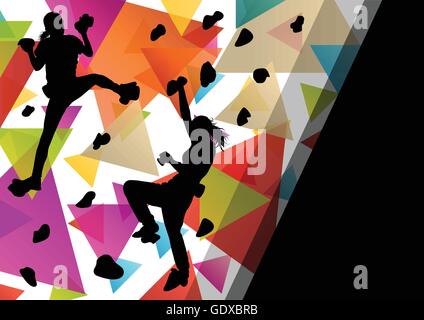 Children girl silhouettes on climbing wall in active and healthy sport background illustration vector Stock Vector