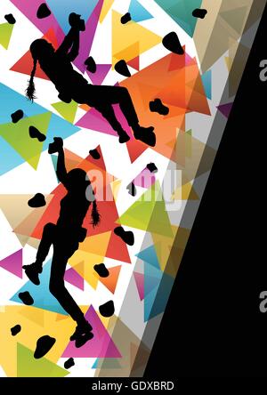 Children girl silhouettes on climbing wall in active and healthy sport background illustration vector Stock Vector