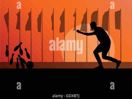 Bowling player silhouettes vector abstract background landscape with flags for poster Stock Vector