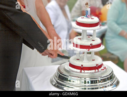 Bride and Groom cutting the Wedding Cake. Stock Photo