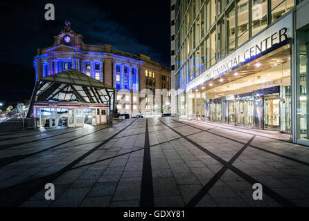 One Financial Center and the South Station at night, in the Financial District, Boston, Massachusetts. Stock Photo