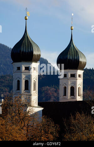geography / travel, Germany, Bavaria, Penzberg, Benediktbeuern, Towers of the monasterial basilika (745 AD), Additional-Rights-Clearance-Info-Not-Available Stock Photo