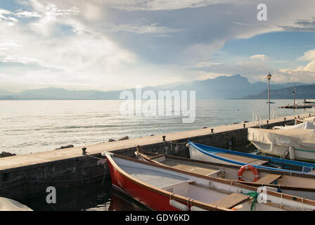 Small harbor on Lake Garda in Lazise, Italy. Stock Photo