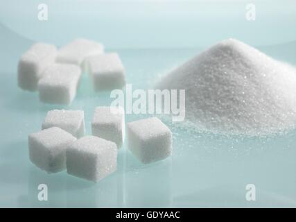 Granulated and Cubes of White Sugar in Basket Stock Photo