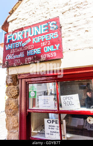Whitby Kippers shop smoked cured kippers for sale Fortune's sign Whitby Yorkshire UK England GB Stock Photo