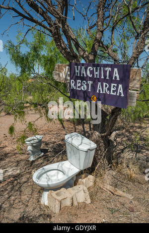 Flush toilet outside in ghost town of Hachita at Yucca Plains, Chihuahuan Desert, New Mexico, USA Stock Photo