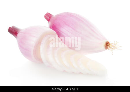 Red onions whole and sliced, Tropea type on white, clipping path Stock Photo