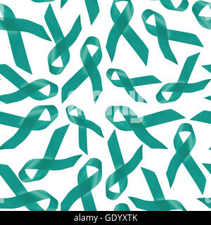 Cervical cancer awareness background, seamless pattern made of teal blue ribbons for support. Stock Photo