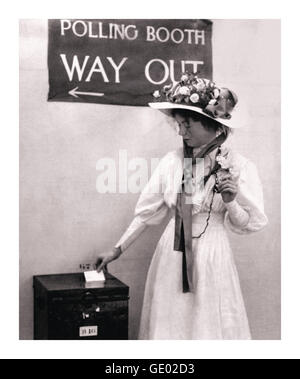 Suffragette movement Christabel Pankhurst in a United Kingdom polling booth circa 1910. She was a daughter of Emmeline Pankhurst and a political activist of the suffragette movement that secured votes for women. Co-founder of women’s social and political union WSPU Stock Photo