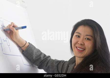 Young female engineer drawing on whiteboard in boardroom, Freiburg im Breisgau, Baden-Württemberg, Germany Stock Photo