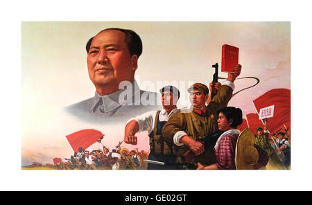 1960's China Cultural Revolution Era Chinese historic poster featuring ‘red book’ & Chairman Mao Tse-tung Stock Photo