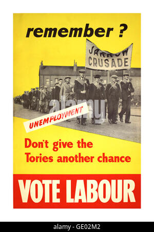 Produced by Labour for the 1950 election campaign. Despite the Jarrow event taking place fourteen years previously even in 1950 it held resonance. The famous banner appeared under the single word ‘remember?’. The message was clear, if voters didn’t want to return to the 1930s they should vote Labour. Stock Photo