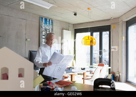 Senior businessman looking at blueprint in the office, Freiburg im Breisgau, Baden-Württemberg, Germany Stock Photo