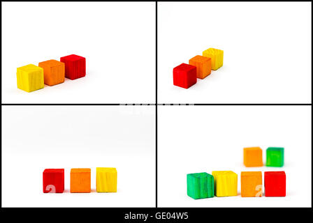 Photo collage with toy wooden colored blocks isolated on white background, copy space available Stock Photo