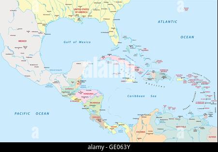 administrative map of Central America and the Caribbean countries Stock Vector