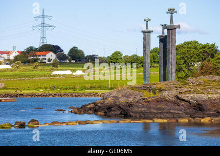 Three large swords stand on the hill as a memory to the Battle of Hafrsfjord in year 872 in Stavanger, Norway. Stock Photo