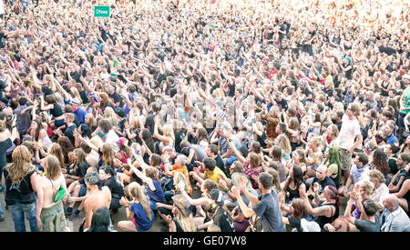 Applauding people during concert on the 21th Woodstock Festival Poland. Stock Photo