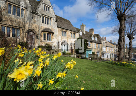 Cotswold stone cottages and Daffodils along The Hill, Burford, Cotswolds, Oxfordshire, England, United Kingdom, Europe Stock Photo