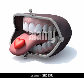 purse with open mouth, tongue out and heart over, 3d illustration Stock Photo